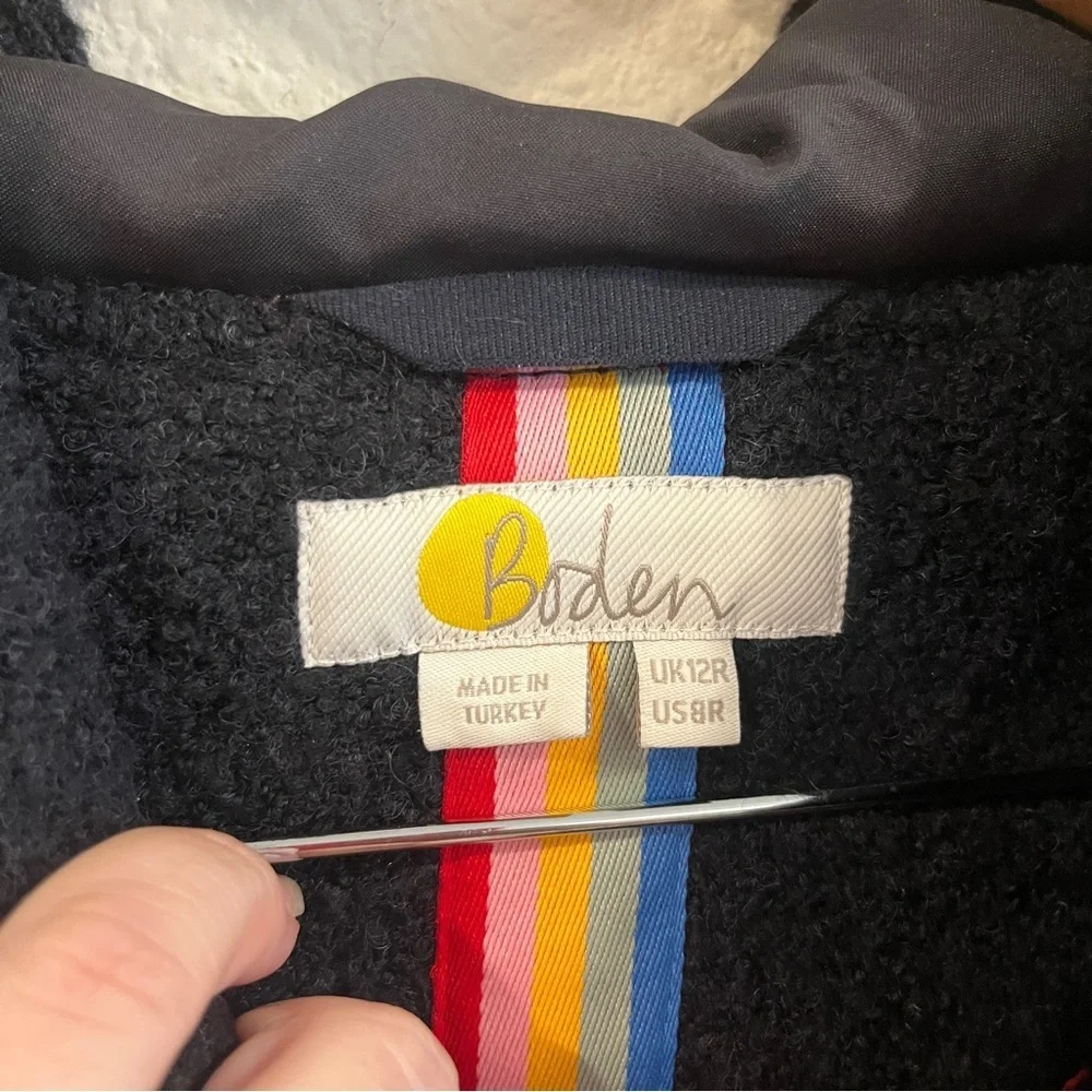 Boden size 8 navy blue boucle soft hooded long line jacket women’s lined